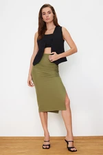 Trendyol Light Khaki Gathered Slit Detail Pencil Fit Midi Woven Skirt