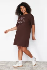 Trendyol Curve Brown Slogan Printed 100% Cotton Knitted T-shirt Dress