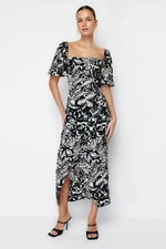 Trendyol Black Floral Balloon Sleeve Viscose Midi Woven Dress