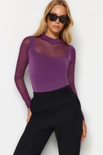 Trendyol Purple Fitted/Situated with Tulle Detailed Long Sleeves Stand Collar Flexible Knitted Body with Snap Buttons