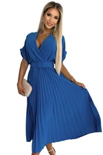 Pleated midi dress with neckline and wide belt Numoco