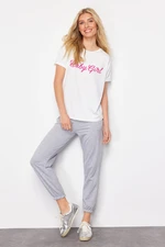 Trendyol Grey Melange Slogan Printed Basic Jogger Knitted T-shirt Sweatpants Bottom-Top Set