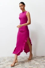 Trendyol Fuchsia Bodycone Zero Sleeve Slit Ruffle Detailed Stretchy Thick Sandy Maxi Pencil Dress