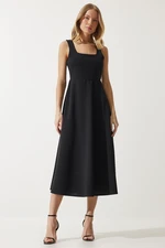 Happiness İstanbul Women's Black Square Collar A-line Dress