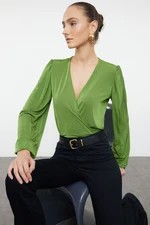 Trendyol Flexible Knitted Bodysuit with Green Shiny Surface and Soft Textured Padded Double Breasted Closure