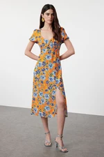 Trendyol Orange Flower Patterned A-Line Short Sleeve Maxi Woven Dress