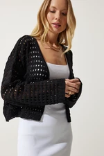 Happiness İstanbul Women's Black Perforated Tie Seasonal Knitwear Cardigan