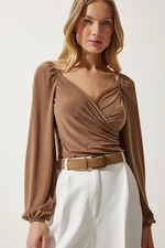 Happiness İstanbul Women's Dark Beige Elastic Balloon Sleeve Sandy Knitted Blouse