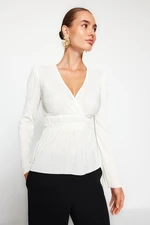 Trendyol Ecru Pleat Detailed Double Breasted Closure Frilly V Neck Knitted Blouse