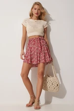 Happiness İstanbul Women's Red Floral Patterned Mini Knitted Shorts Skirt