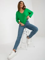 Green women's basic blouse with V-neck