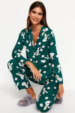 Trendyol Emerald Green Rabbit Patterned Viscose Shirt-Pants Woven Pajamas Set