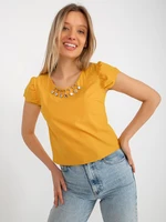 Dark yellow formal blouse with appliqué and short sleeves