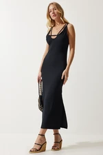 Happiness İstanbul Women's Black Strappy Slit Summer Ribbed Knitted Dress