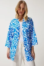 Happiness İstanbul Women's Vivid Blue Patterned Viscose Kimono