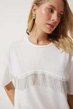 Happiness İstanbul Women's White Chain Detailed Oversize Knitted T-Shirt