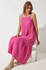 Happiness İstanbul Women's Dark Pink Strappy Summer Loose Muslin Dress