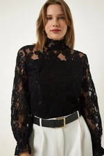 Happiness İstanbul Black High Neck Lace Elegant Blouse