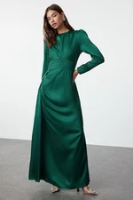 Trendyol Emerald Green Belt Detailed Satin Woven Evening Dress