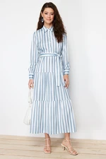 Trendyol Blue Shirt Collar Gradient Striped Belted Woven Dress