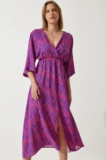 Happiness İstanbul Women's Dark Pink Blue Deep V Neck Summer Long Viscose Dress