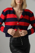 74390 Dewberry Crew Neck Striped Crop Cardigan-RED-NAVY