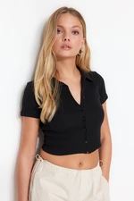 Trendyol Black Button Detail Fitted/Situated Crop Polo Neck Ribbed Stretch Knit Blouse