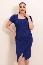 By Saygı oldalán összegyűjtött rövid ujjú bélelt körbefutó ezüstös plus size ruha széles méretű zöld