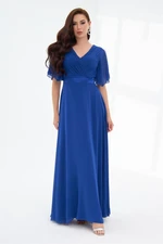 Carmen Sax Chiffon Pleated Long Evening Dress