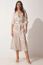 Happiness İstanbul Women's Cream Beige Striped Long Satin Surface Shirt Dress