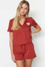 Trendyol Cinnamon Cotton Teddy Bear Embroidered Shirt-Shorts Knitted Pajamas Set