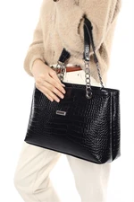 Madamra Black Crocodile Women's Large Quilted Chain Bag