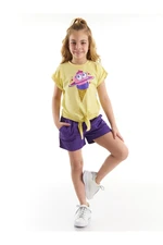 Mushi Ice Cream Girls' Yellow T-shirt with Purple Gabardine Shorts Set.