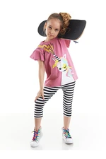 Mushi Unicorn Rock Girl Kid's Pink T-shirt, Striped Leggings Summer Suit.