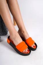 Capone Outfitters Capone Quilted Strap, Colorful Detailed Wedge Heel Matte Satin Orange Women's Slippers.