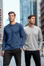 Trendyol Gray-Indigo Men's 2-Pack 100% Cotton Long Sleeve Regular Cut Basic T-Shirt