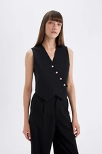 DEFACTO Fitted V Neck Crop Cross Button Closure Black Blazer Vest