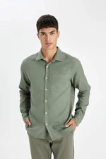 DEFACTO Men's Khaki Regular Fit Regular Cut Polo Collar Plain Cotton Long Sleeve Shirt