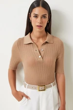 Happiness İstanbul Women's Camel Polo Neck Lightly Transparent Knitwear Blouse