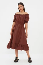 Trendyol Brown Waist Gimped Madonna Neck Midi Linen Look Woven Dress