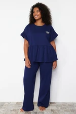 Trendyol Curve Navy Blue Knitted Pajamas with Embroidery and Ruffles