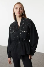 Trendyol Black Elastic Waist Troc Detailed Oversize Denim Jacket