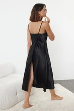 Trendyol Black Back Slit Detailed Stoned Rope Strap Satin Woven Nightgown