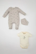 DEFACTO Baby Boy Patterned Long Sleeve Jumpsuit Short Sleeve Snap Bodysuit Bib 3-Piece Set