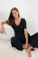 Trendyol Black-Multicolored Floral Knitted Pajama Set