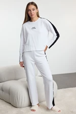 Trendyol White Cotton Slogan Striped Knitted Pajamas Set