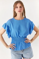 Olalook Women's Blue Bat Blouse with Elastic Waist and Frilly Sleeves