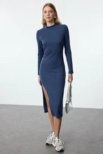 Trendyol Indigo Ribbed Deep Slit Detailed Fitted Midi Stretchy Knitted Dress