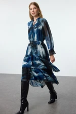 Trendyol Limited Edition Blue Abstract Patterned Ruffle Midi Woven Winter Dress