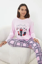 Trendyol Pink-Multicolored 100% Cotton Christmas Themed Plaid Knitted Pajama Set